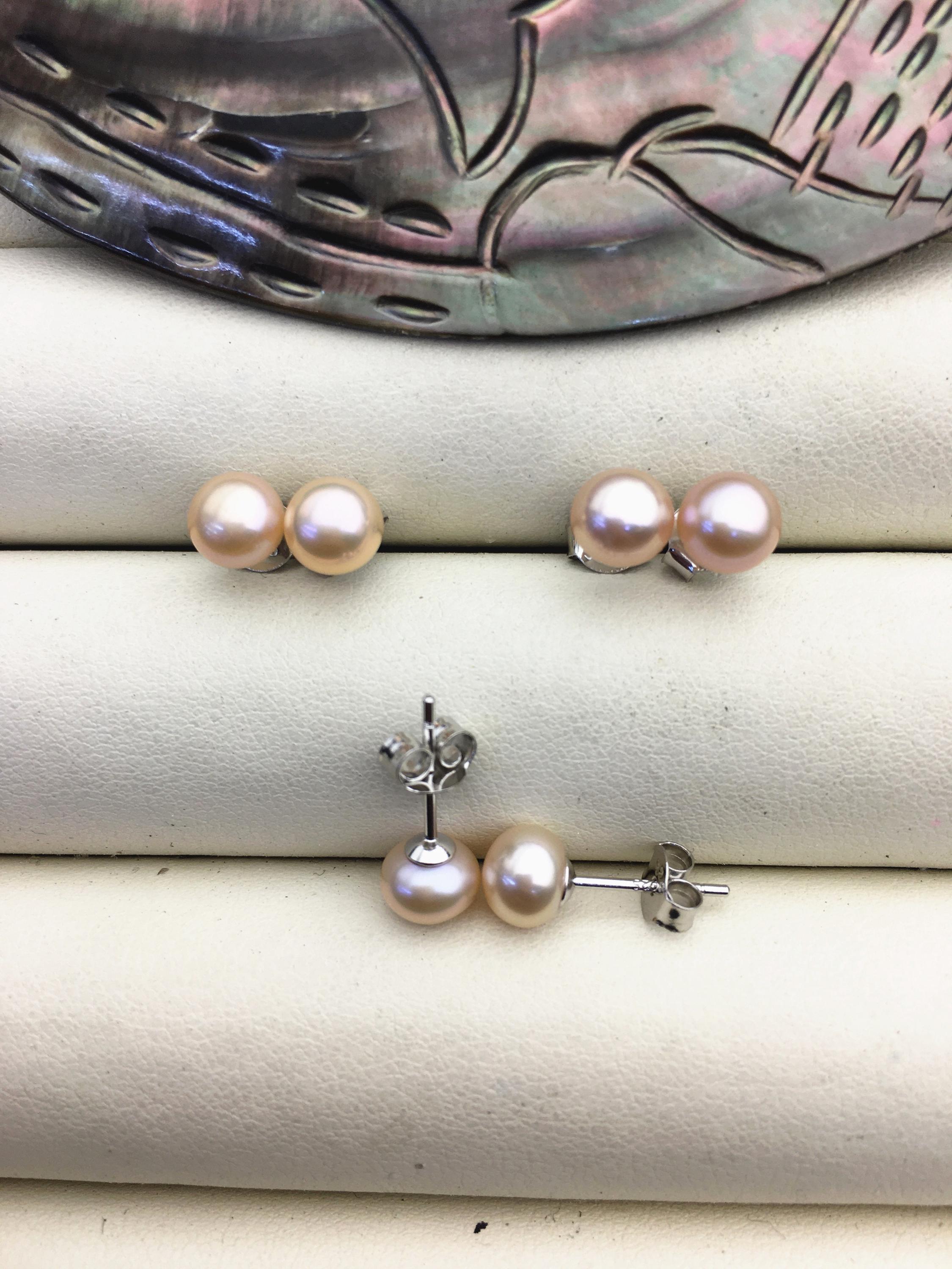 1 Pair AAA 6-6.5mm Pink Pearl Stud Earrings, Pearl Earrings,s925