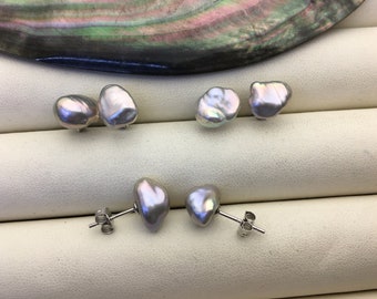 AAA 8-9mm Gray Rainbow keshi Freshwater Pearl Stud Earrings,Stud Earrings for Women Girls,SE3-T53