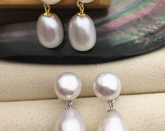 AAA 9mm White rice/button round pearl stud earrings,S925 Sterling Sliver pearl earrings,pearl for women for girl,SE3-036