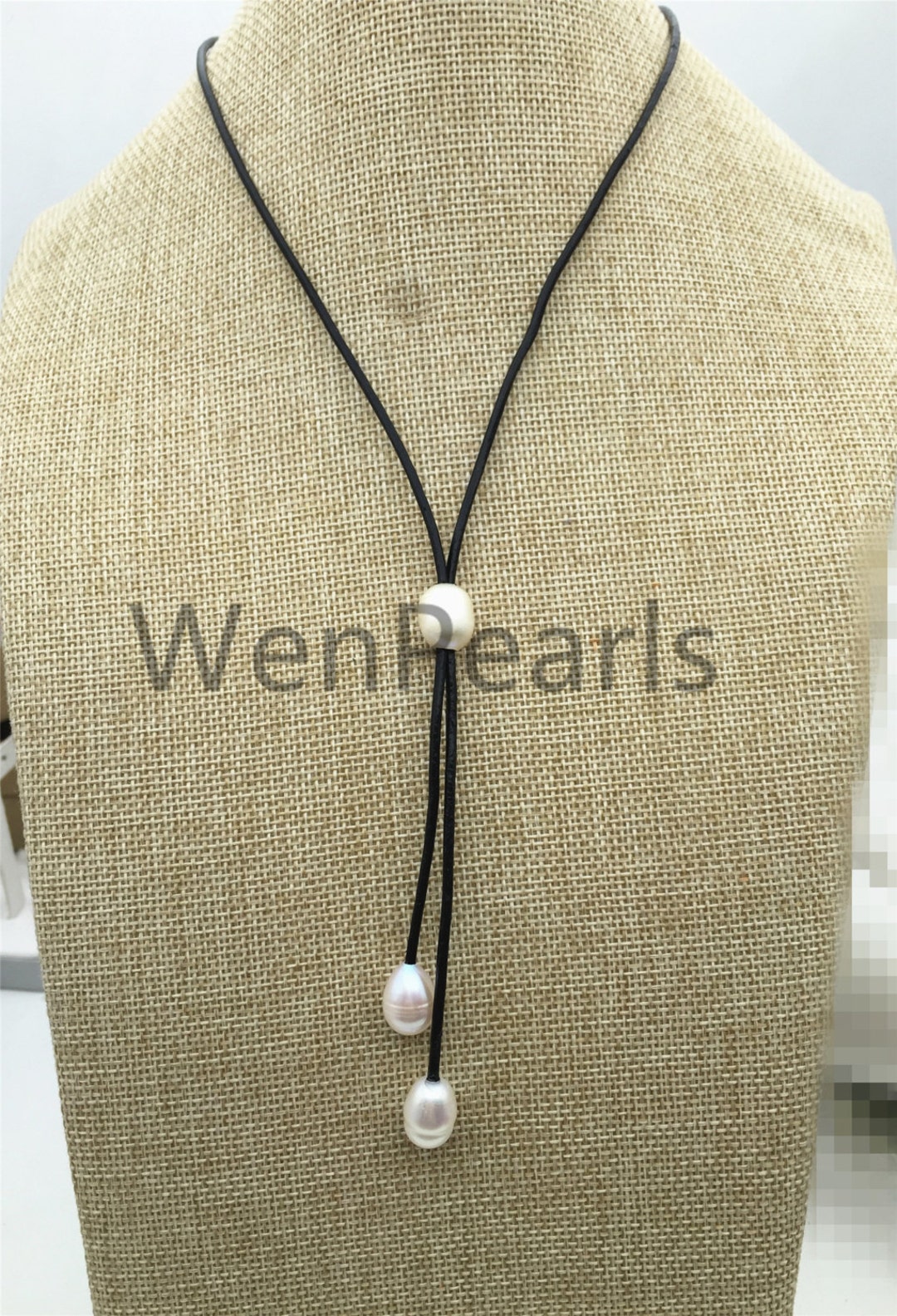 Freshwater Pearl and Leather Lariat Necklace, Light Brwon Leather Pearl ...
