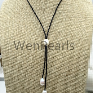 Freshwater Pearl and Leather Lariat Necklace, Light Brwon Leather Pearl necklace, Leather baroque pearl necklace,Le4-004
