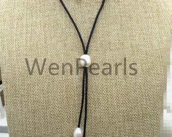 Freshwater Pearl and Leather Lariat Necklace, Light Brwon Leather Pearl necklace, Leather baroque pearl necklace,Le4-004