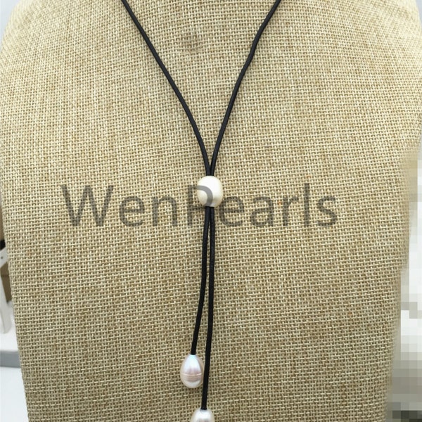 Freshwater Pearl and Leather Lariat Necklace, Light Brwon Leather Pearl necklace, Leather baroque pearl necklace,Le4-004