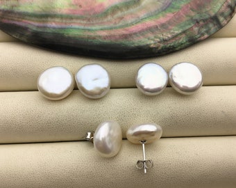 2 pairs AA+ 11.5-13mm White Coin Fresh Water pearl stud earrings,S925 Sterling Silver,dangle pearl earrings,SE3-187