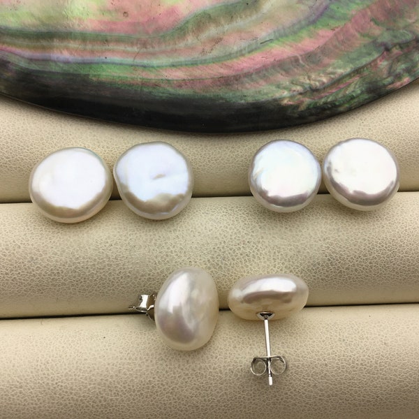 2 pairs AA+ 11.5-13mm White Coin Fresh Water pearl stud earrings,S925 Sterling Silver,dangle pearl earrings,SE3-187