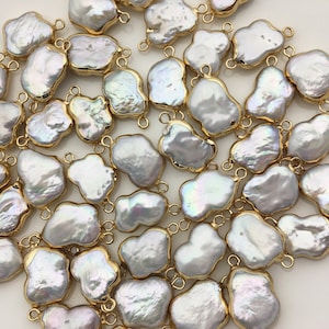 4pcs AA+ 11-13mm White butterfly Pearl Double Bail Connector Charm Pendant with Gold Electroplated Edge for make bracelet necklace,EDG-024