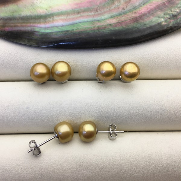 1 pair AAA 6/7/8mm Brown button round Pearl Stud Earrings,freshwater pearl earrings,Wedding,classic pearl studs,SE1-T3