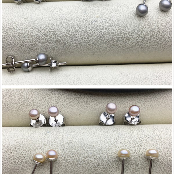 AAA 3-4mm tiny white/pink/purple/gray freshwater pearl stud earrings,Sterling Silver,SE1-001