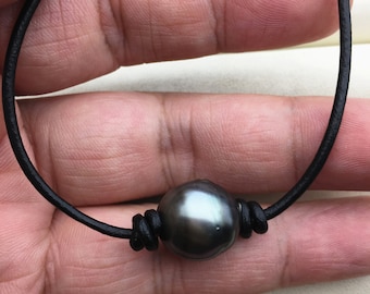 1pc 13-15mm huge big Green Black Tahitian Pearl Choker Necklace,Pearl Leather Necklace,Black Leather Pearl necklace,Le11-005