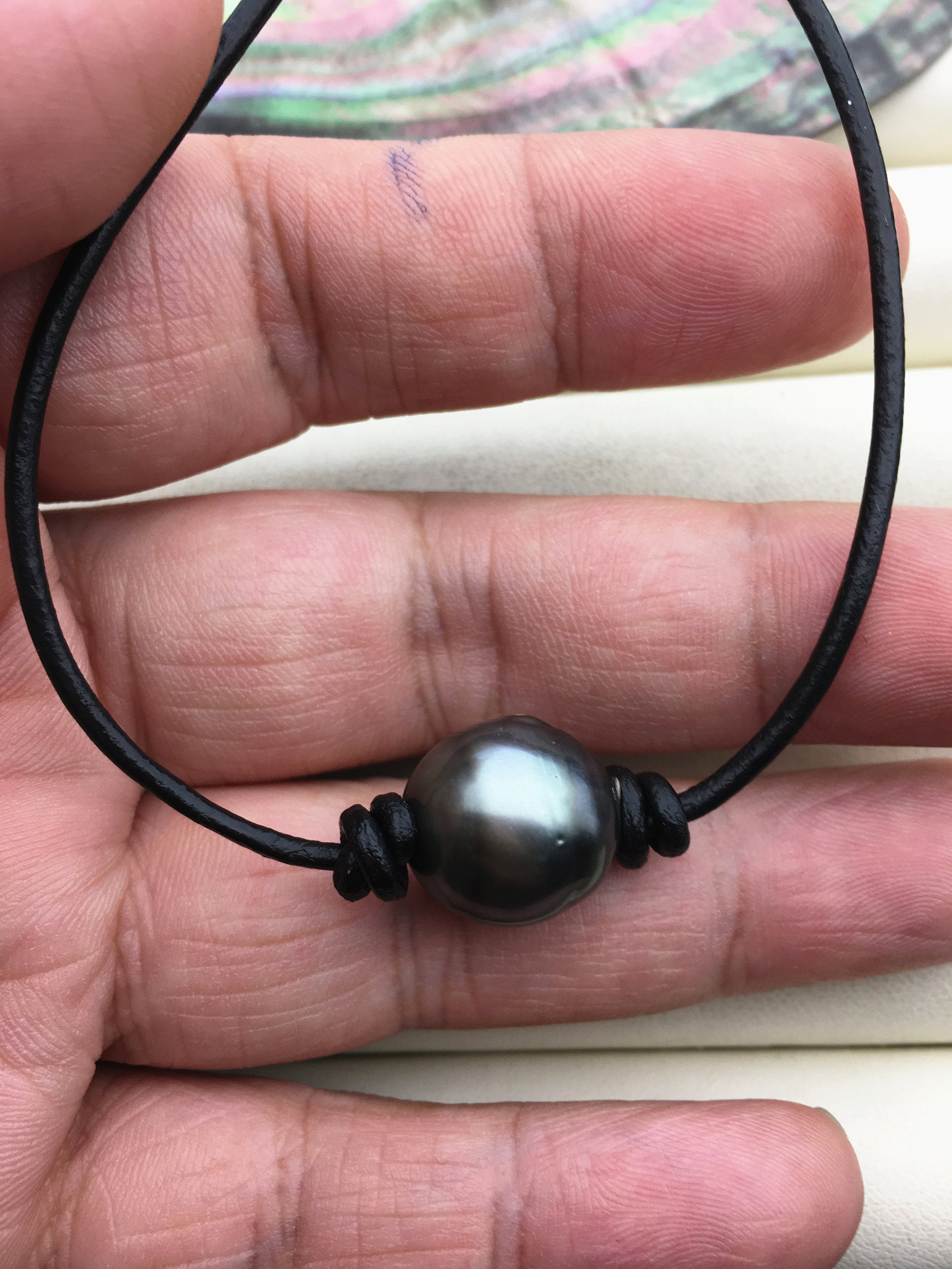 1pc 13-15mm huge big Green Black Tahitian Pearl Choker Necklace,Pearl Leather Necklace,Black Leather Pearl necklace,Le11-005