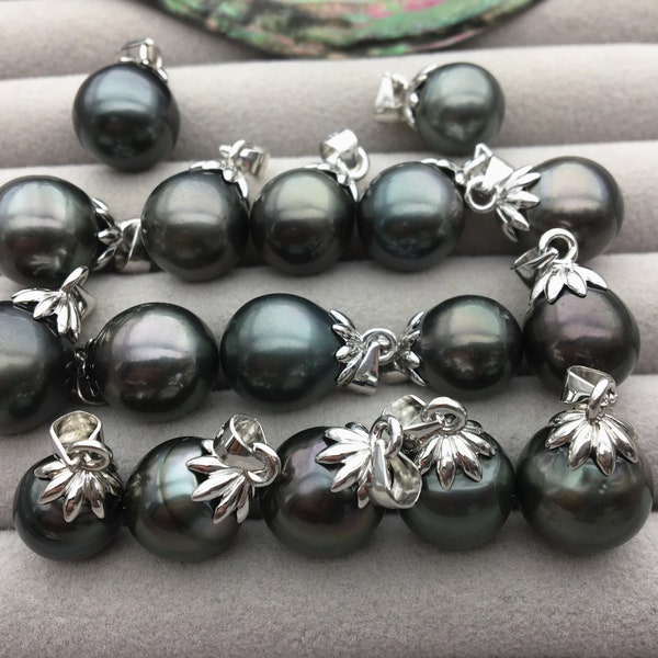 1pc 10-16mm Green Black Genuine Tahitian Pearl Pendant, natural color sea pearl,pearl for necklace, 925 sterling silver ,NC1-066