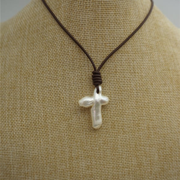 Cross Pearl leather necklace,Freshwater Pearl Pearl Bead White Cross Pearl Loose Bead,Le1-033