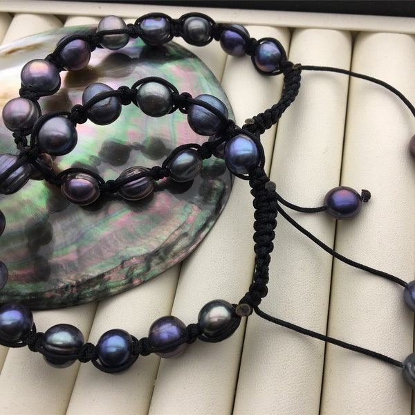 1pc 10mm Balck Deep Blue pearl thread bracelet,adjust length,pearl bracelet, knotted freshwater pearl bracelet,Pearls Bracelet,B8-026