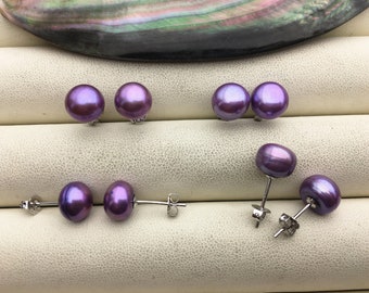 1 pair AAA 6-7mm Purple Pearl stud earrings,S925 Sterling Silver,Wedding,violet pearl earrings,purple jewelry,SE1-003