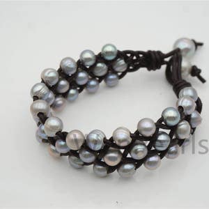 Three rows Gray pearl bracelet,Leather Pearls Bracelet, Handmade Cuff,Gray Pearls on Brown Leather,Black leather bracelet,Le7-100