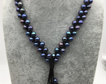 deep blue pearl Freshwater pearl and leather necklace - Drop pearl necklace - Le4-023