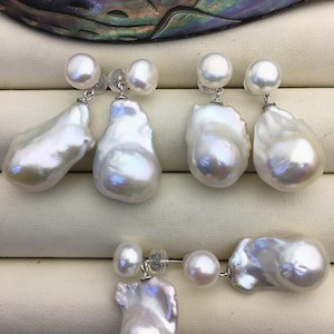 1 pair AAA 13-16mm flame ball pearl diamond stud earrings,sterling silver,earring with white baroque Natural Pearl,SE3-031-8