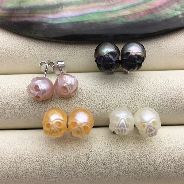 AAA 8mm/10mm white/pink/purple/black/gray HandMade Carved Skull Freshwater Pearl Stud Earrings,Stud Earrings for Women Girls,SE3-016