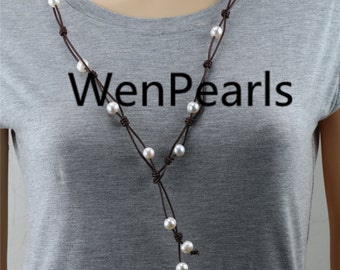 9mm white potato Freshwater Pearl and Leather Necklace,long leather necklace,Brwon Leather Pearl necklace,Leather pearl necklace,Le2-041