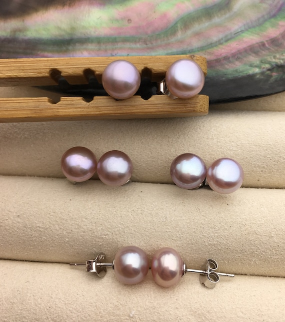 AAA+ 7-8mm purple Pearl Stud Earrings, pearl earrings,S925 Sterling  Silver,Wedding,classic pearl studs,SE1-059