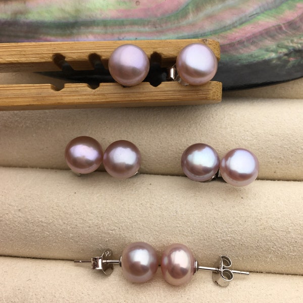 AAA+ 7-8mm purple Pearl Stud Earrings, pearl earrings,S925 Sterling Silver,Wedding,classic pearl studs,SE1-059