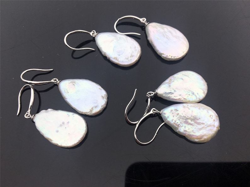 AA 14-15x20-21mm White Drop Coin FreshWater pearl dangle earrings,S925 Sterling Sliver wedding earring,bridal,birthday,graduation,SE3-078