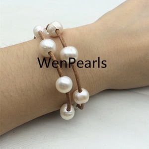 2 rows Leather Pearls Bracelet, Handmade Cuff,White Pearls on Brown Leather,Black leather bracelet,Le7-058