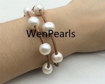 2 rows Leather Pearls Bracelet, Handmade Cuff,White Pearls on Brown Leather,Black leather bracelet,Le7-058