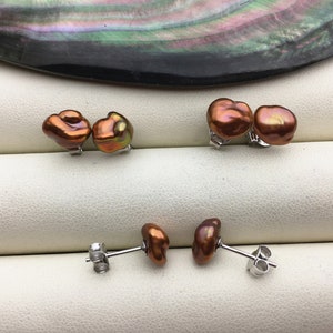Pendientes de tuerca de perlas de agua dulce keshi marrón AAA de 7-8 mm, pendientes de tuerca para mujeres y niñas, SE3-059