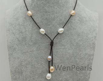 Misc Color Nugget pearl leather drop necklace,Pearl and Leather Lariat Necklace,Leather Pearl necklace,Le4-095