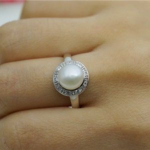 Anello di perle d&#39;acqua dolce, anelli di fidanzamento unici, anelli di nozze di diamanti cz, anello nuziale in argento sterling, anelli di anniversario, R1-009