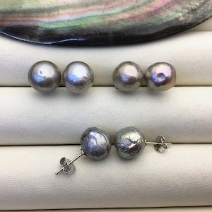 2 pairs AA+ 10-11mm gray baroque near round edison pearl stud earrings,S925 Sterling Sliver stud earrings,SE3-T61