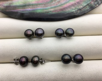 1 par de pendientes de perla verde y negra AAA de 7-8 mm, SE1-T38