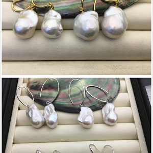 Orecchini pendenti con perle a forma di sfera di fiamma AAA da 14-18 mm x 22-28 mm, argento sterling, con perla naturale barocca bianca, SE3-069