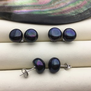 1 pair AAA 9.5-10mm Deep Blue Black Pearl Stud Earrings,stering silver pearl earrings,SE1-056 image 2