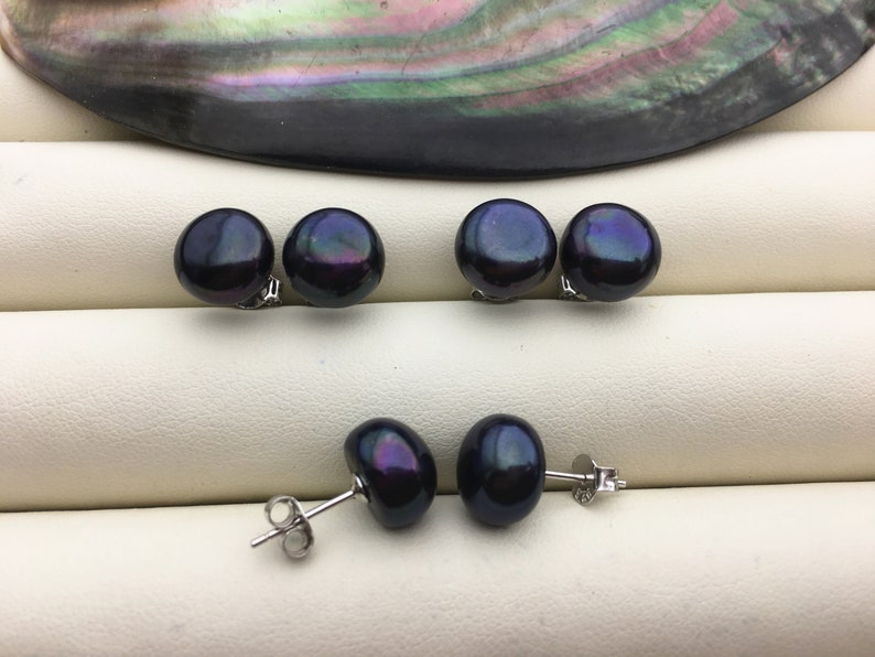 1 pair AAA 9.5-10mm Deep Blue Black Pearl Stud Earrings,stering silver pearl earrings,SE1-056 image 2