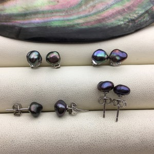 1 pair AAA 6-7mm Black blue keshi Freshwater Pearl Stud Earrings,Stud Earrings for Women Girls,SE3-025