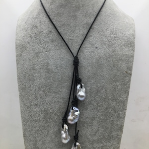 Four Gray Flame ball pearl and leather necklace,Baroque Freshwater Pearl Drop Necklace,Flaming ball pearl necklace,wholesale,Le4-059