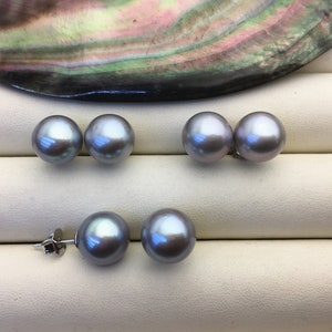 1 pair AAA 10-12mm gray round edison pearl stud earrings,S925 Sterling Sliver stud earrings,wedding pearl earrings,SE3-T9-2
