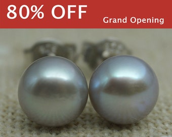 AAA+ 5mm-10mm Gray Pearl Stud Earrings, button round,Select Size,silver grey pearl stud earrings,Sterling Silver,Wedding,SE1-007