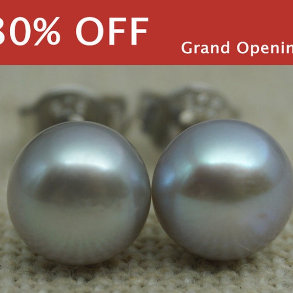 AAA+ 5mm-9mm Light Gray Pearl Stud Earrings, button round,Select Size,silver grey pearl stud earrings,Sterling Silver,Wedding,SE1-007