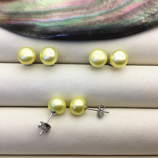 Orecchini a bottone con perle gialle AAA 8-8,5 mm, argento sterling, SE1-015