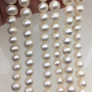 Może przedstawiać: Sznur białych pereł słodkowodnych o wysokim połysku i lekko tęczowym połysku. Perły są okrągłe i jednolite pod względem wielkości i są nawleczone na białą nić.