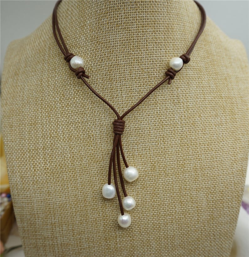 Freshwater Pearl and Leather Lariat Necklace Light Brwon - Etsy