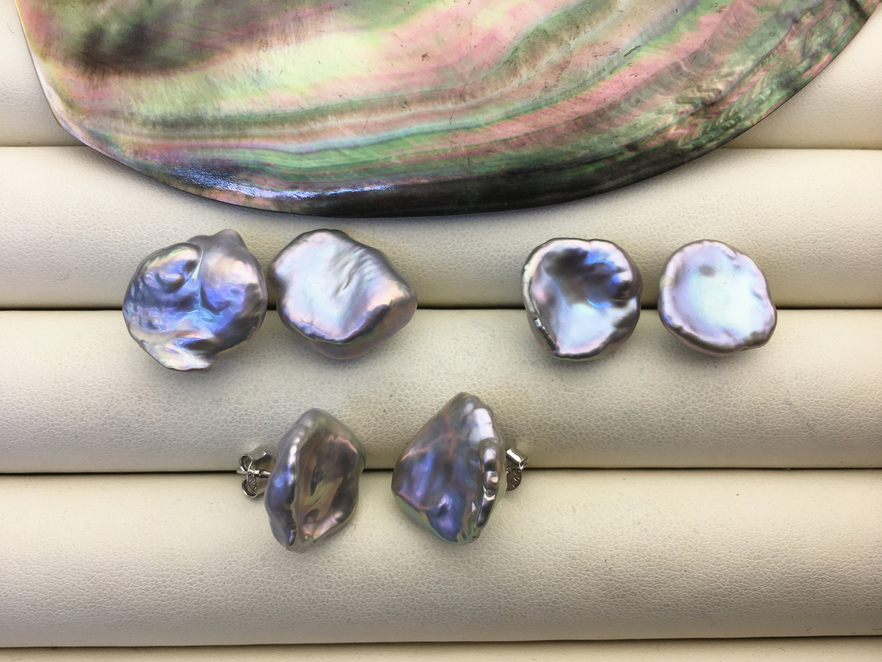AAA 10-15mm Gray Rainbow Keshi Freshwater Pearl Stud