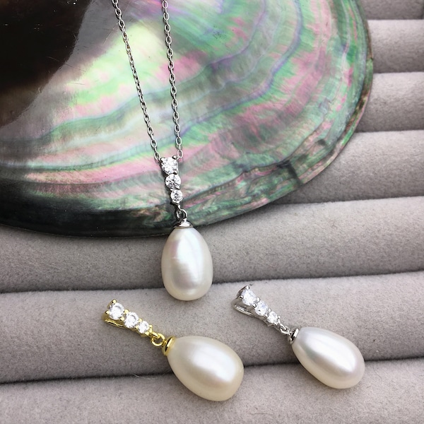 AAA white rice pearl Minimalist cz pendant necklace,S925 Sterling silver pendant,white Pearl necklace - NC1-062