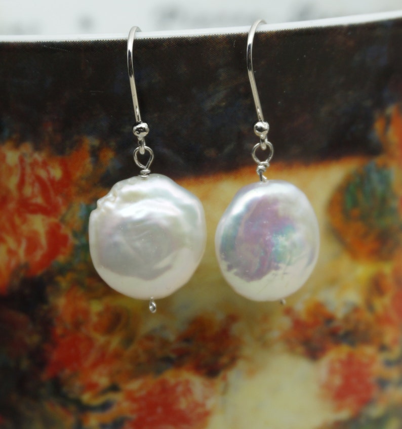 AAA White Coin Pearl Dangle Earrings S925 silver pearl dangle earrings,SE3-105 image 3