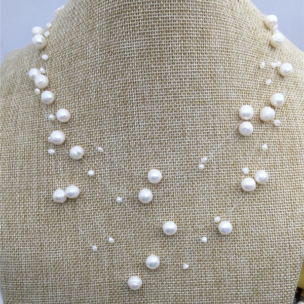 schwebende Halskette, Illusionshalskette, mehrsträngige Halskette, weiße Perlenkette, Brautjungfernhalskette, NPN3-007
