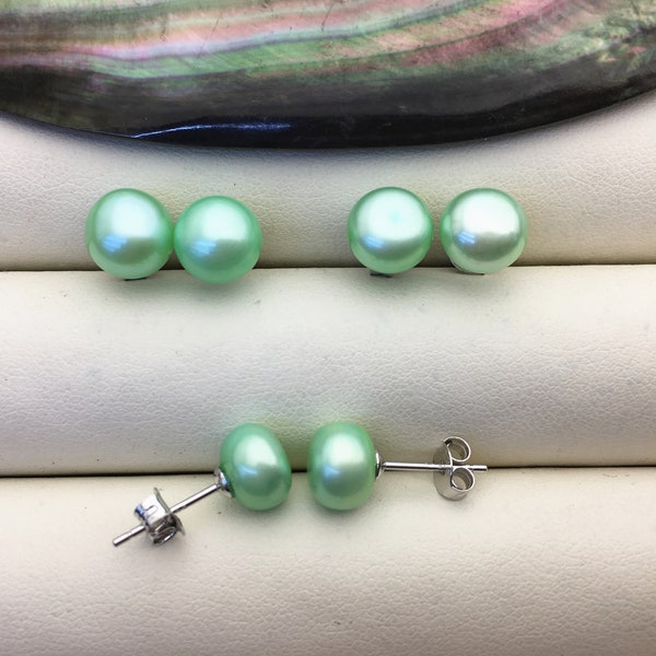 Pendientes de perlas verdes AAA de 8-8,5 mm, plata de ley, tachuelas de perlas de agua dulce verde pavo real, pendiente de perla verde, SE1-T8