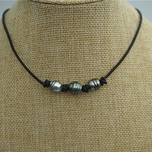 HandMade Fashion Three Tahitian pearl Leather Choker Necklace, men or women choker, Black Leather Pearl necklace,Le11-007